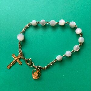 Rosary Decade Bracelet with Pearlescent Beads Gold Tone Chain
